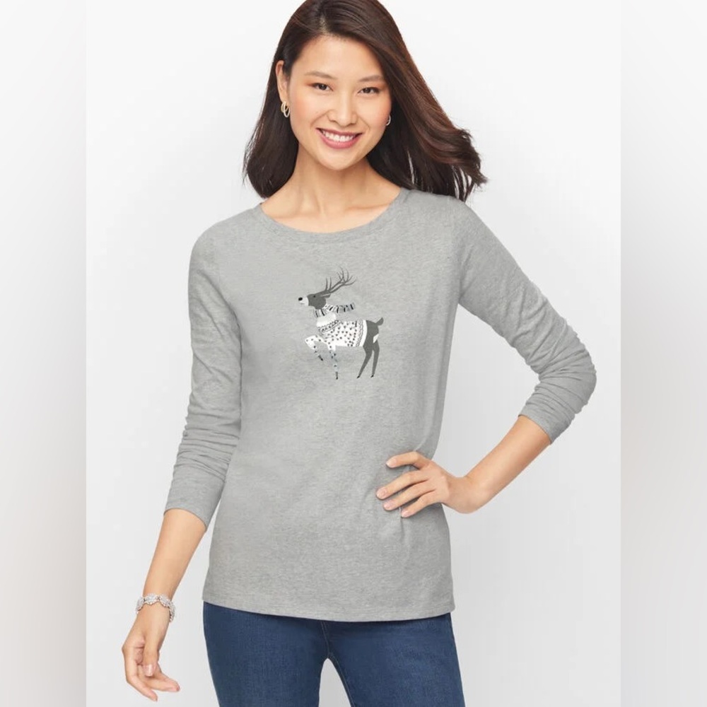 Talbots Long Sleeve Embellished Reindeer Crew Neck Cotton Tee SZ XS Winter Cozy